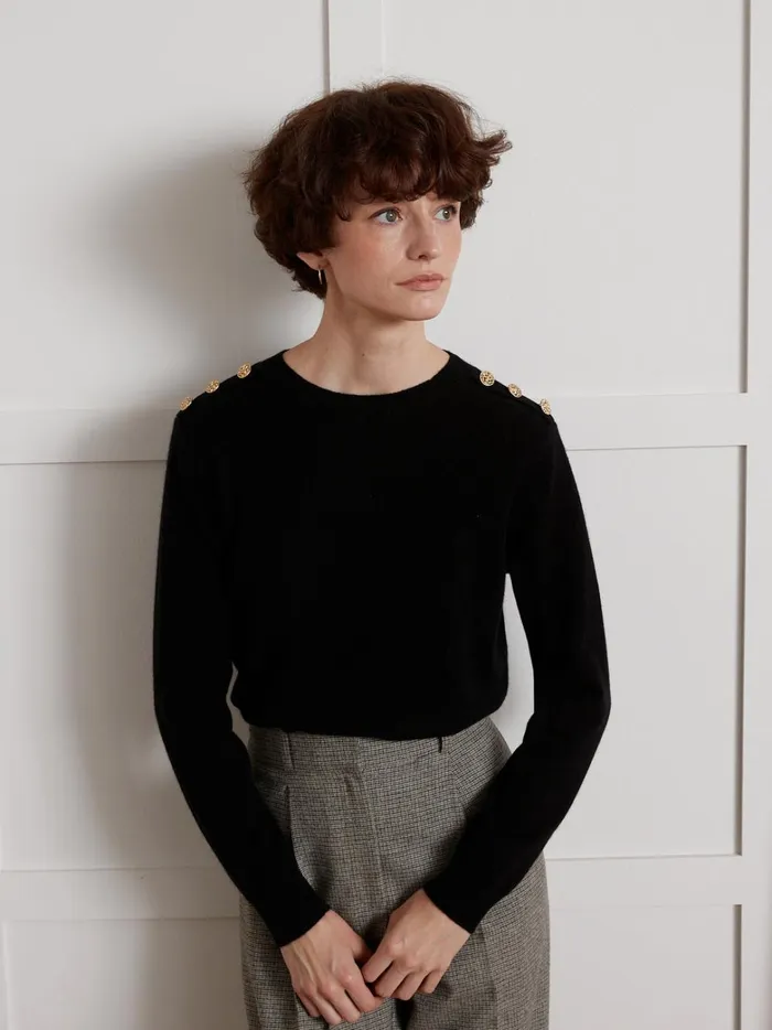 Women Clothing Cyrillus Round Neck Sweater With Golden Buttons 8211 The Cashmere Collection Noir
