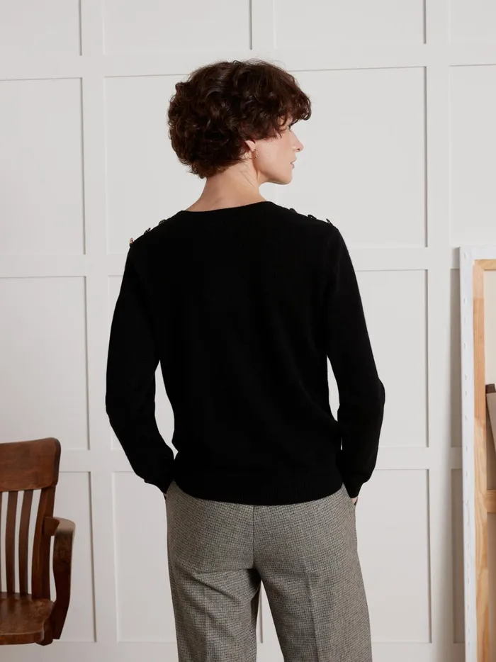 Women Clothing Cyrillus Round Neck Sweater With Golden Buttons 8211 The Cashmere Collection Noir