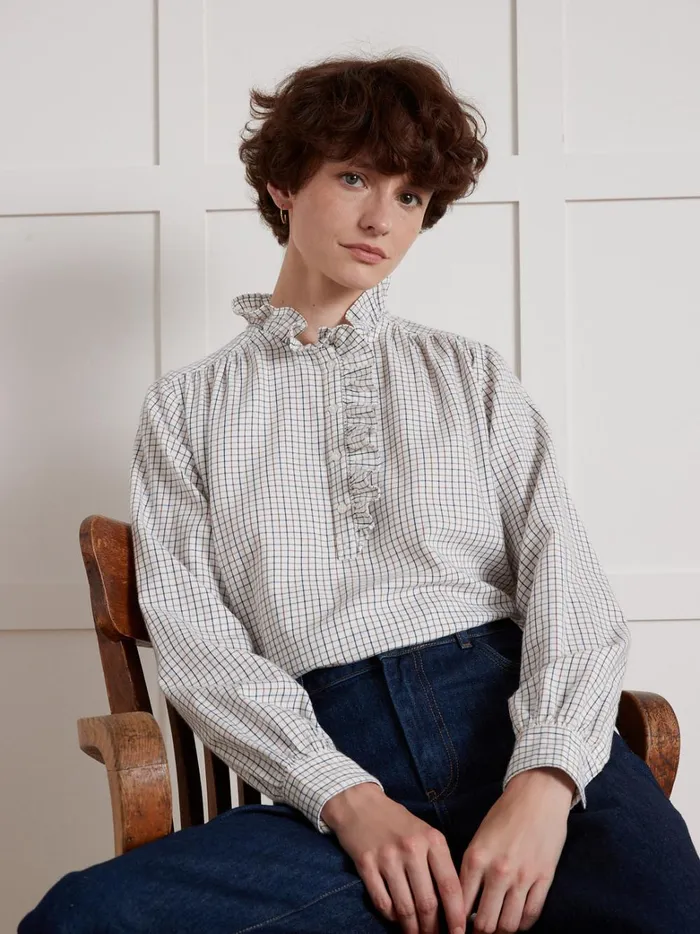 Women Clothing Cyrillus Tattersall Check Cotton Blouse Carreaux Chocobleu