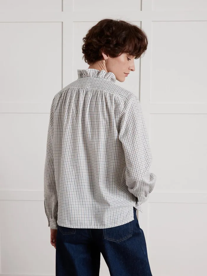 Women Clothing Cyrillus Tattersall Check Cotton Blouse Carreaux Chocobleu