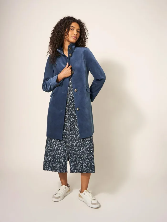 Women COATS and JACKETS White Stuff Karla Smart Velvet Coat Dusty Blue Women COATS and JACKETS White Stuff Karla Smart Velvet Coat Dusty Blue