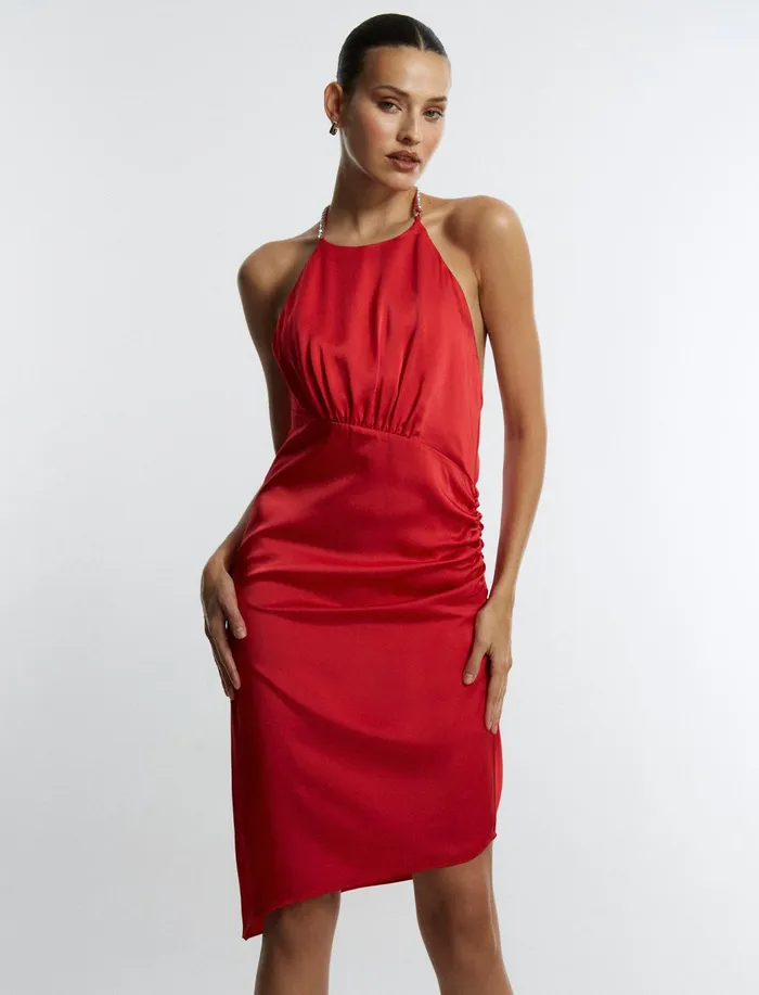 Women Cocktail and Party Dresses BCBG Red Anwen Ruched Mini Dress Fiery Red