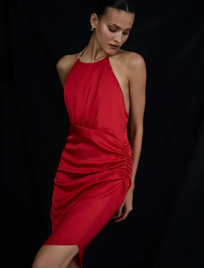 Women Cocktail and Party Dresses BCBG Red Anwen Ruched Mini Dress Fiery Red