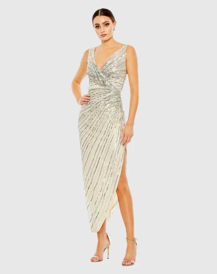 Women Cocktail Dresses Mac Duggal Beige and Silver Sequined Faux Wrap Sleeveless Midi Dress Nude Silver