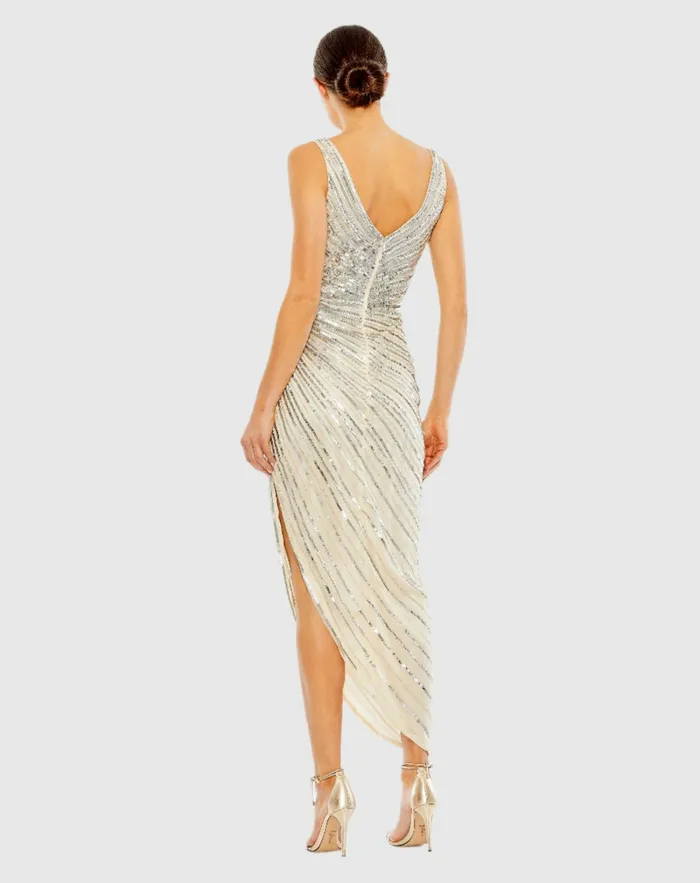 Women Cocktail Dresses Mac Duggal Beige and Silver Sequined Faux Wrap Sleeveless Midi Dress Nude Silver