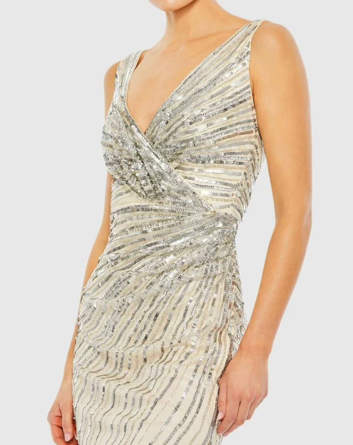 Women Cocktail Dresses Mac Duggal Beige and Silver Sequined Faux Wrap Sleeveless Midi Dress Nude Silver