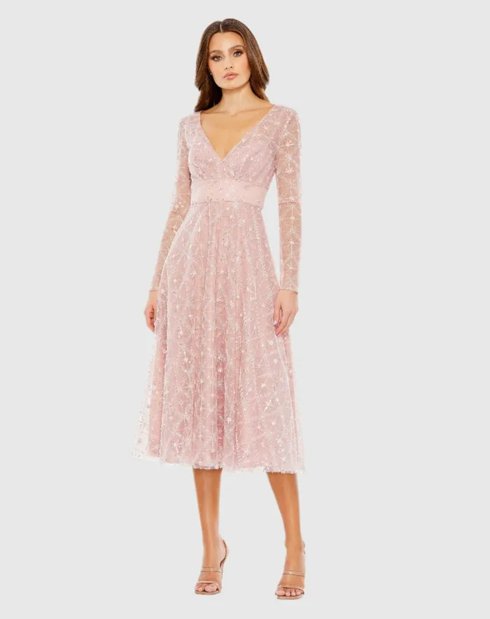 Women Cocktail Dresses Mac Duggal Embellished Illusion Long Sleeve Dress Rose