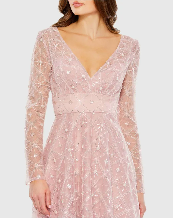 Women Cocktail Dresses Mac Duggal Embellished Illusion Long Sleeve Dress Rose