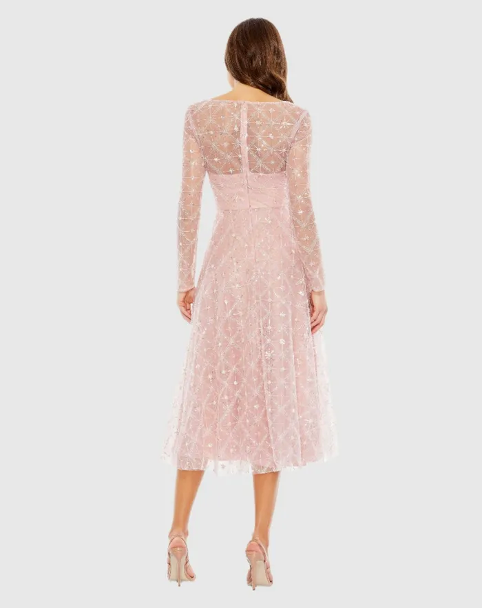 Women Cocktail Dresses Mac Duggal Embellished Illusion Long Sleeve Dress Rose