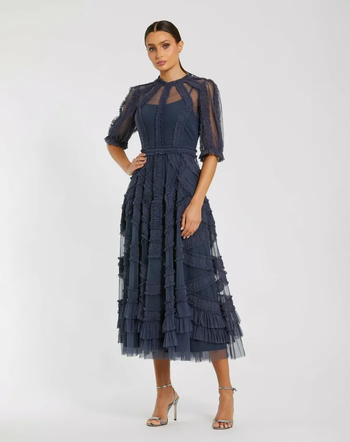 Women Dark Blue High Neck Micro Ruffle Tiered Midi Dress Midnight Best Sellers Mac Duggal Women Dark Blue High Neck Micro Ruffle Tiered Midi Dress Midnight Best Sellers Mac Duggal