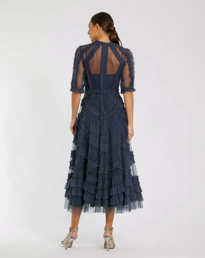 Women Dark Blue High Neck Micro Ruffle Tiered Midi Dress Midnight Best Sellers Mac Duggal