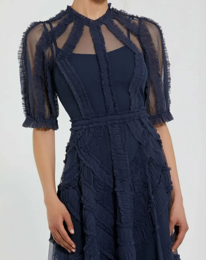 Women Dark Blue High Neck Micro Ruffle Tiered Midi Dress Midnight Best Sellers Mac Duggal