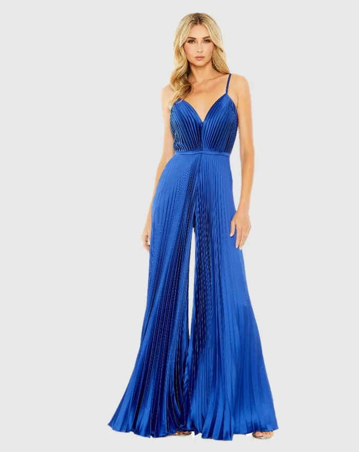 Women Dark Blue Pleated Plunge Neck Wide Leg Jumpsuit Royal Jumpsuits and Rompers Mac Duggal Women Dark Blue Pleated Plunge Neck Wide Leg Jumpsuit Royal Jumpsuits and Rompers Mac Duggal