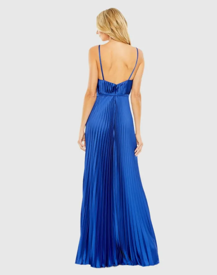 Women Dark Blue Pleated Plunge Neck Wide Leg Jumpsuit Royal Jumpsuits and Rompers Mac Duggal