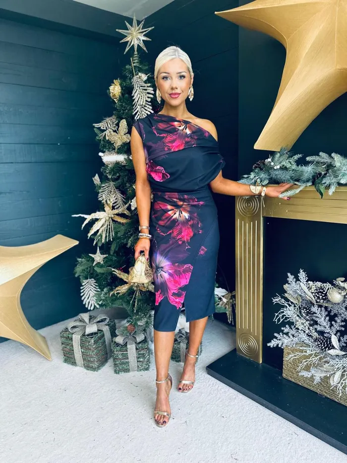 Women Day Dress Canella Lane Ariana Asymmetric Neckline Midi Dress Pink Floral