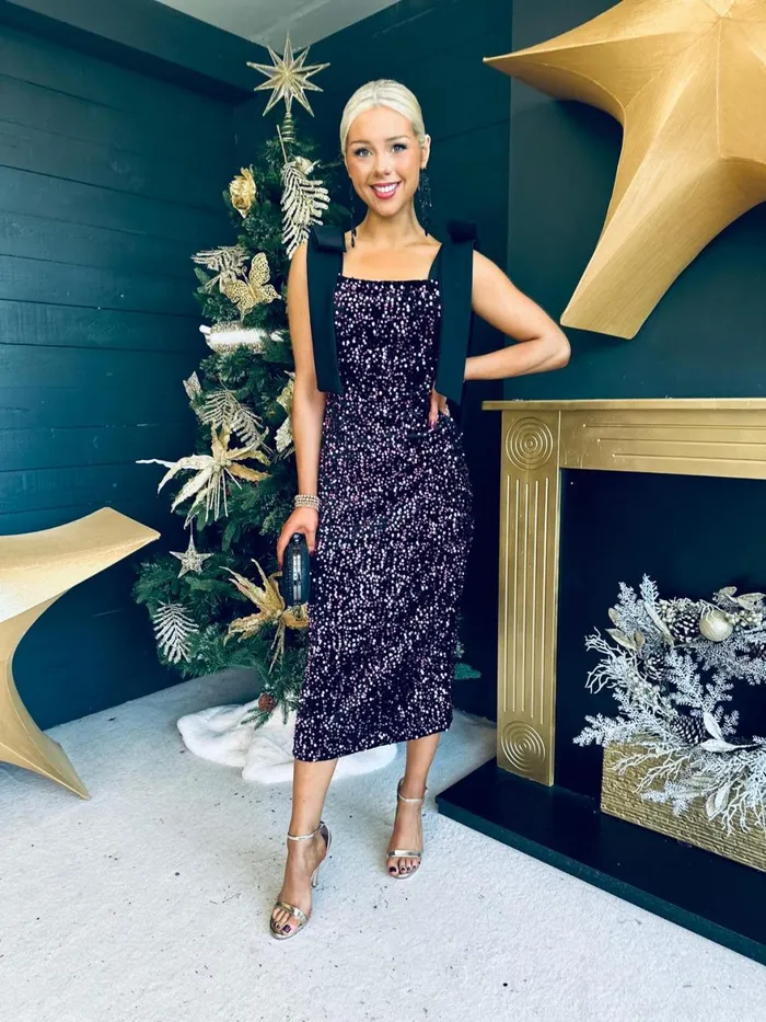 Women Day Dress Canella Lane Grace Bow Detail Sequin Midi Dress Purple