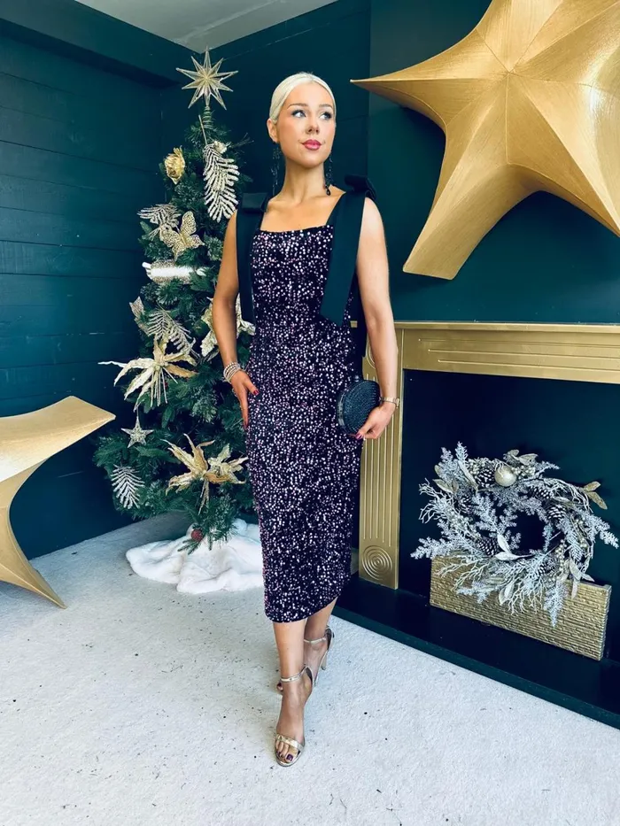 Women Day Dress Canella Lane Grace Bow Detail Sequin Midi Dress Purple