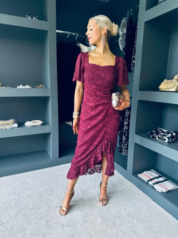 Women Day Dress Canella Lane Heidi Floral Burnout Ruched Midi Dress Wine