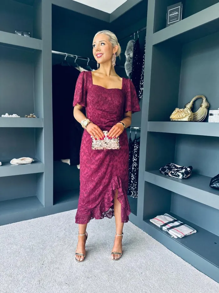 Women Day Dress Canella Lane Heidi Floral Burnout Ruched Midi Dress Wine