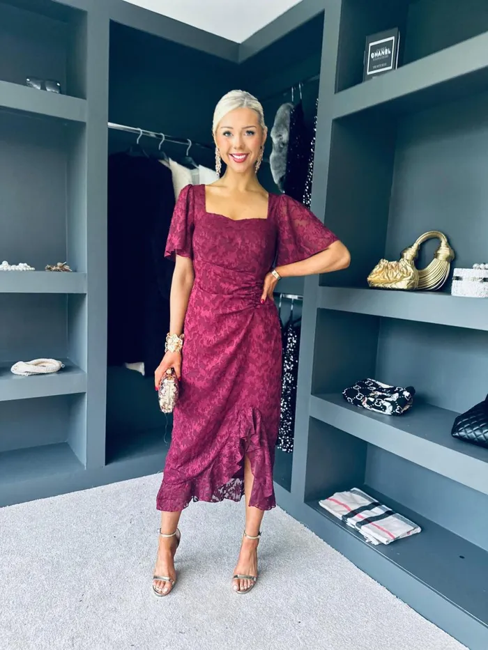 Women Day Dress Canella Lane Heidi Floral Burnout Ruched Midi Dress Wine