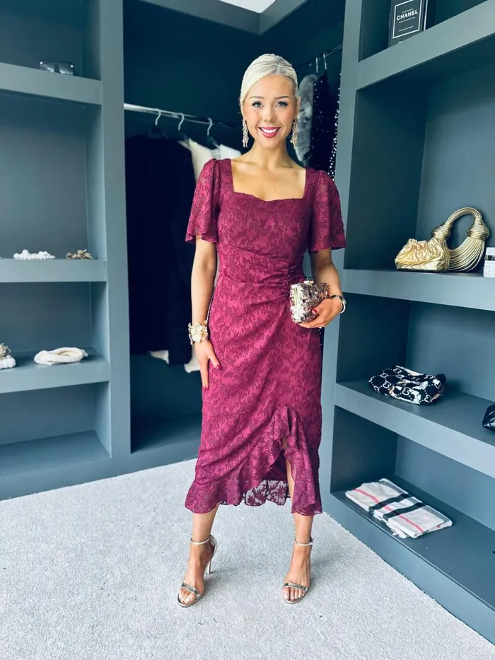 Women Day Dress Canella Lane Heidi Floral Burnout Ruched Midi Dress Wine