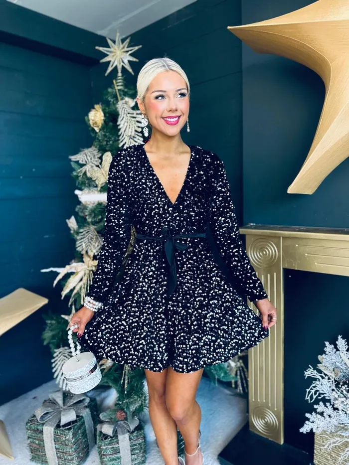 Women Day Dress Canella Lane Jane Velvet Sequin Mini Dress Black Silver
