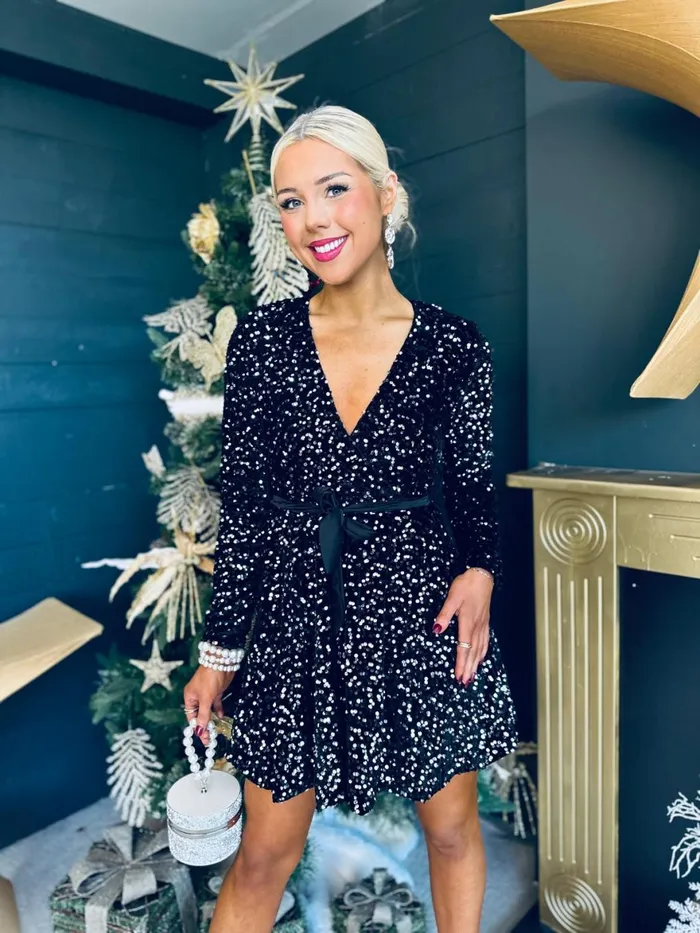 Women Day Dress Canella Lane Jane Velvet Sequin Mini Dress Black Silver