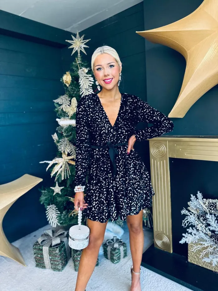 Women Day Dress Canella Lane Jane Velvet Sequin Mini Dress Black Silver