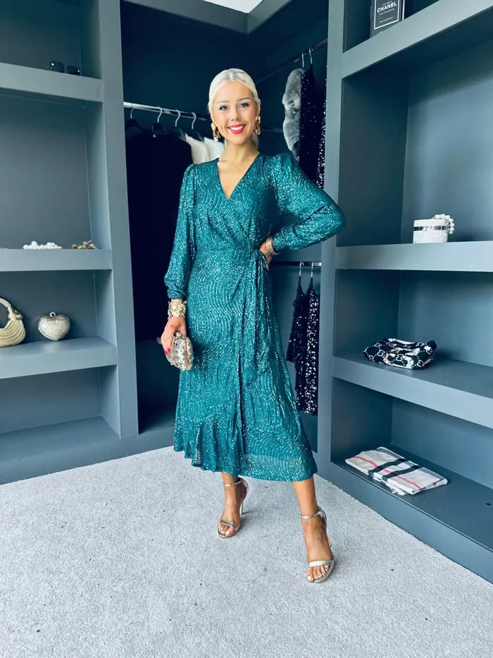 Women Day Dress Canella Lane Jemma Sequin Wrap Midi Dress Forest