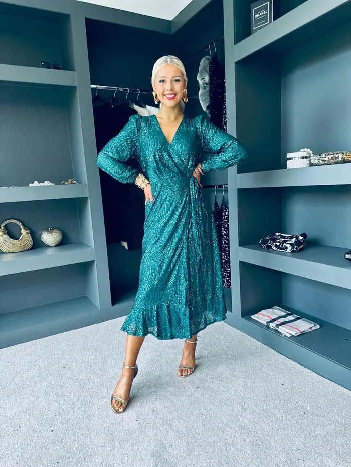 Women Day Dress Canella Lane Jemma Sequin Wrap Midi Dress Forest