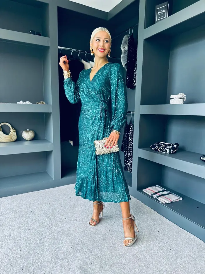 Women Day Dress Canella Lane Jemma Sequin Wrap Midi Dress Forest