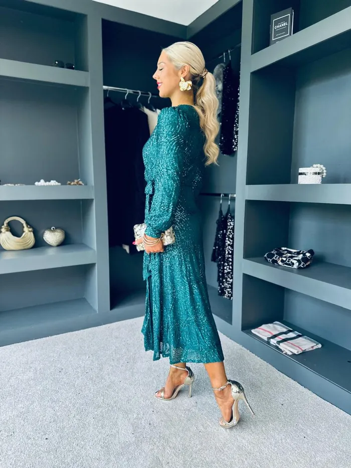 Women Day Dress Canella Lane Jemma Sequin Wrap Midi Dress Forest