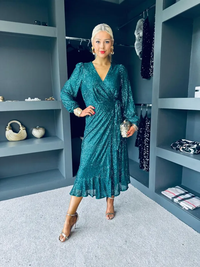 Women Day Dress Canella Lane Jemma Sequin Wrap Midi Dress Forest