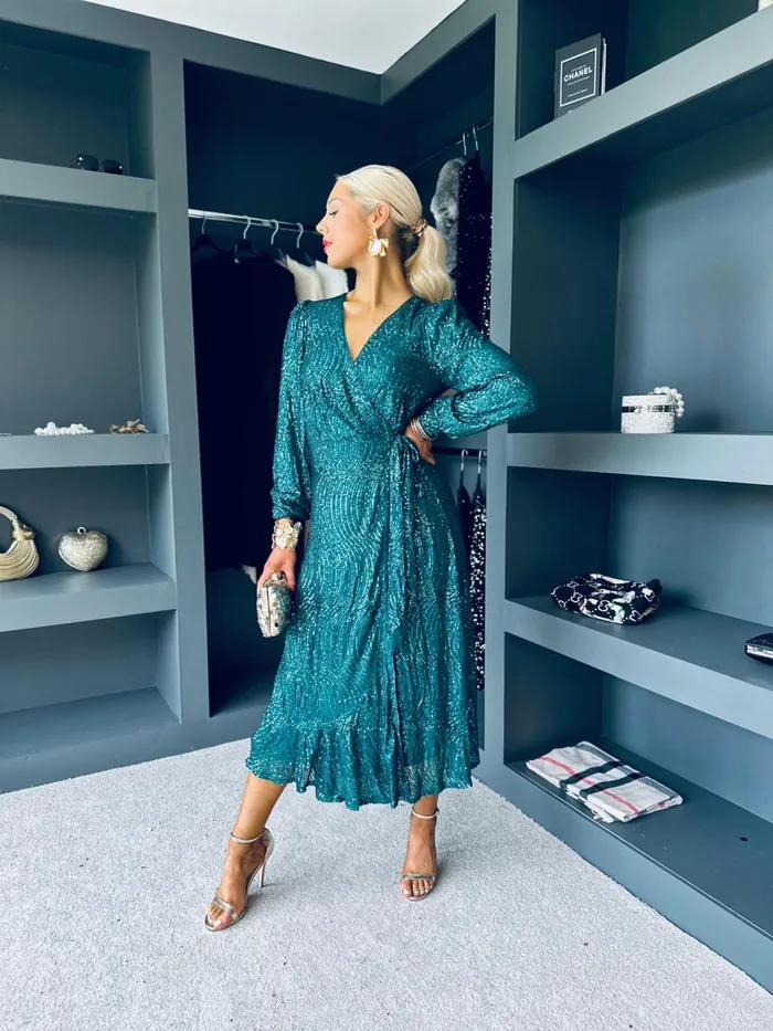 Women Day Dress Canella Lane Jemma Sequin Wrap Midi Dress Forest