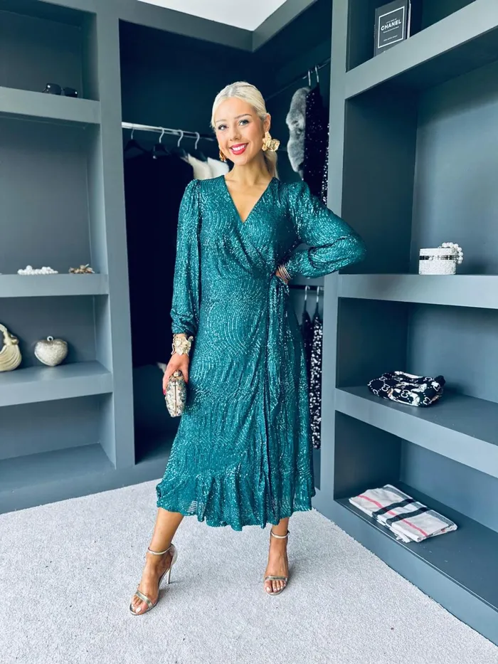 Women Day Dress Canella Lane Jemma Sequin Wrap Midi Dress Forest