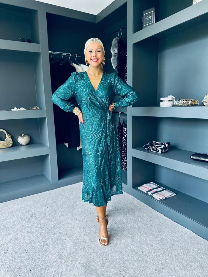 Women Day Dress Canella Lane Jemma Sequin Wrap Midi Dress Forest