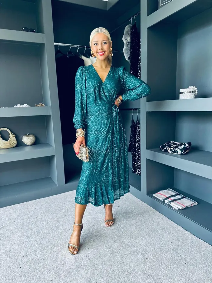 Women Day Dress Canella Lane Jemma Sequin Wrap Midi Dress Forest