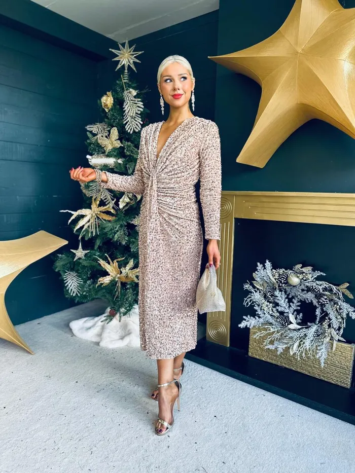 Women Day Dress Canella Lane Meghan Plunge Sequin Midi Dress Beige