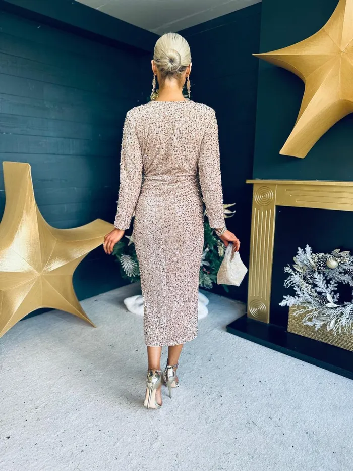 Women Day Dress Canella Lane Meghan Plunge Sequin Midi Dress Beige