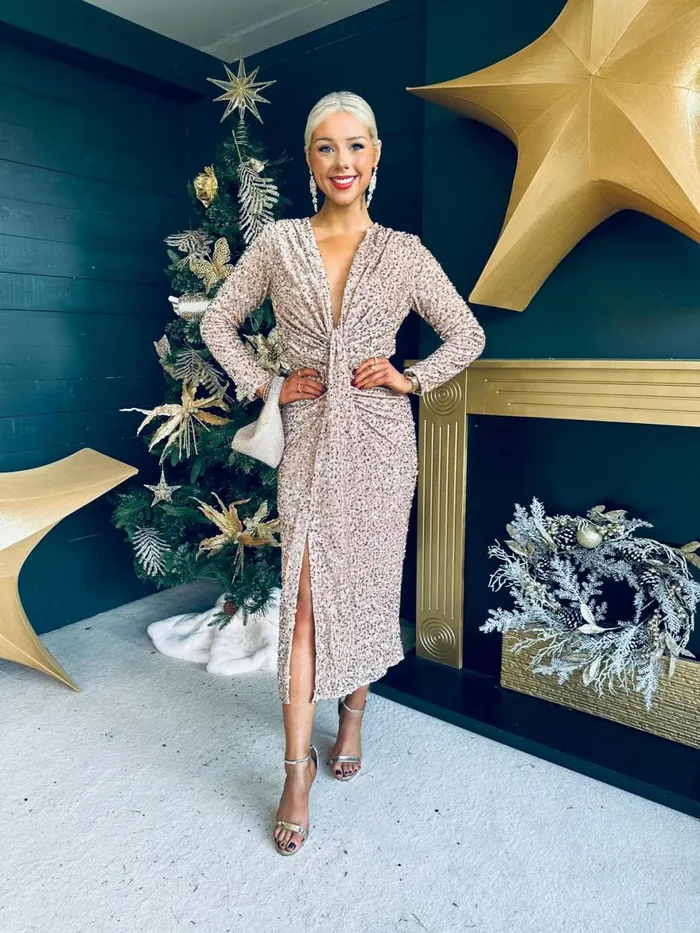 Women Day Dress Canella Lane Meghan Plunge Sequin Midi Dress Beige