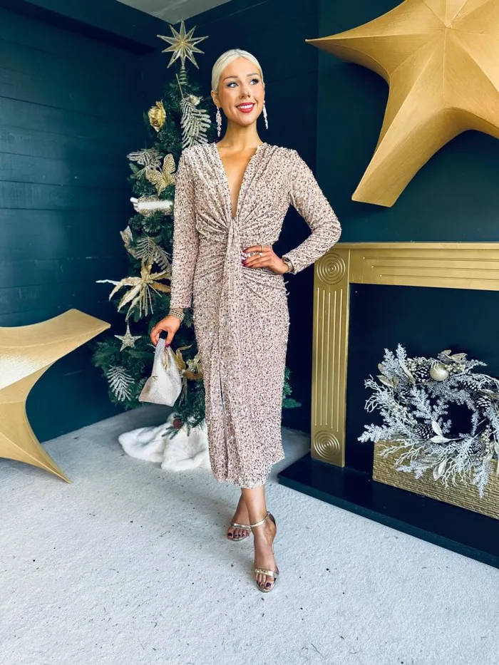 Women Day Dress Canella Lane Meghan Plunge Sequin Midi Dress Beige