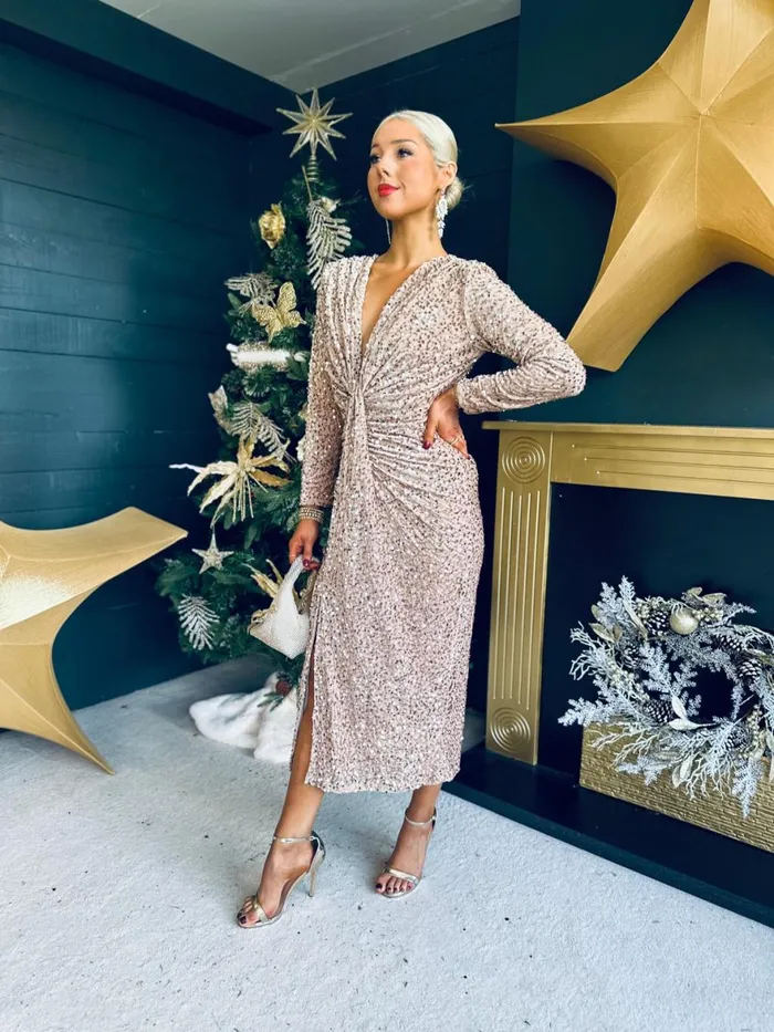 Women Day Dress Canella Lane Meghan Plunge Sequin Midi Dress Beige