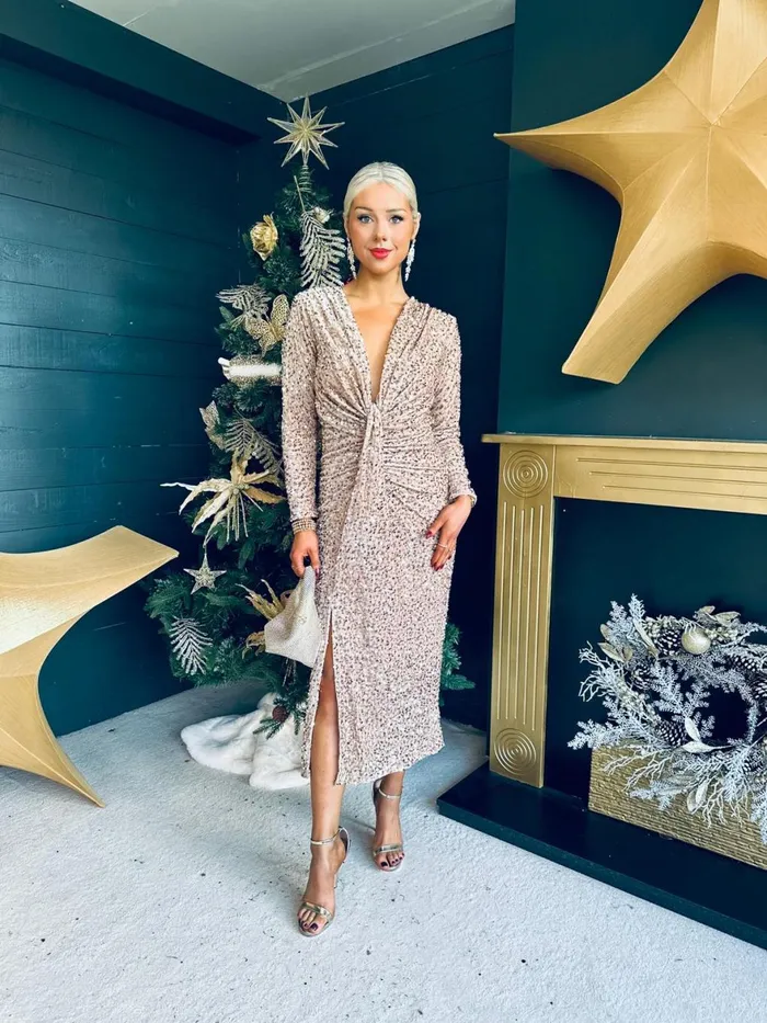 Women Day Dress Canella Lane Meghan Plunge Sequin Midi Dress Beige