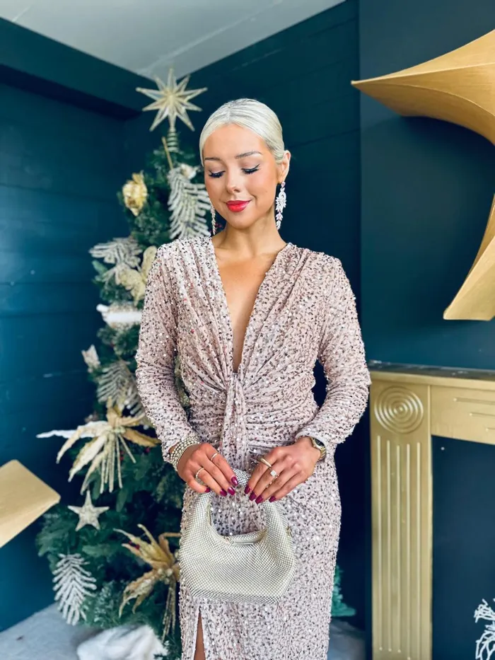 Women Day Dress Canella Lane Meghan Plunge Sequin Midi Dress Beige
