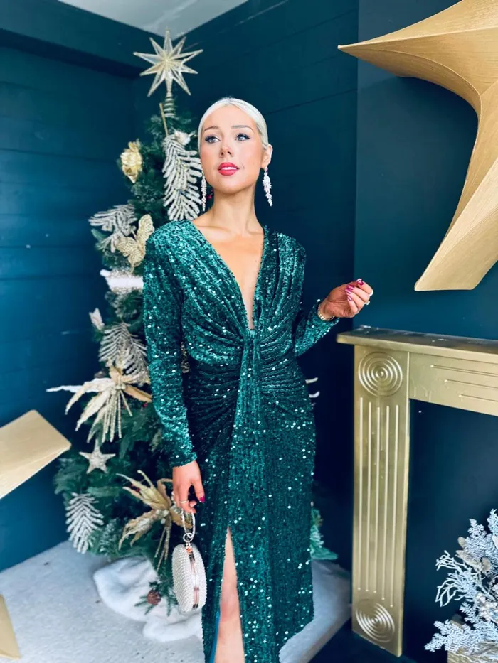 Women Day Dress Canella Lane Meghan Plunge Sequin Midi Dress Forest
