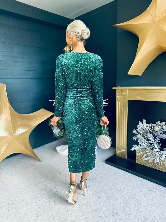 Women Day Dress Canella Lane Meghan Plunge Sequin Midi Dress Forest