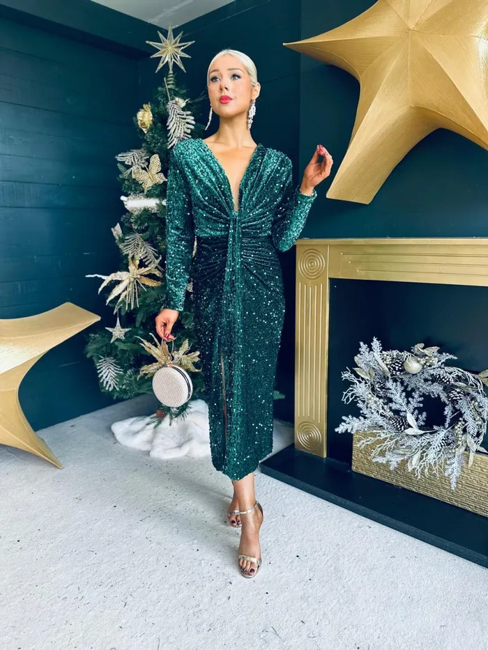 Women Day Dress Canella Lane Meghan Plunge Sequin Midi Dress Forest