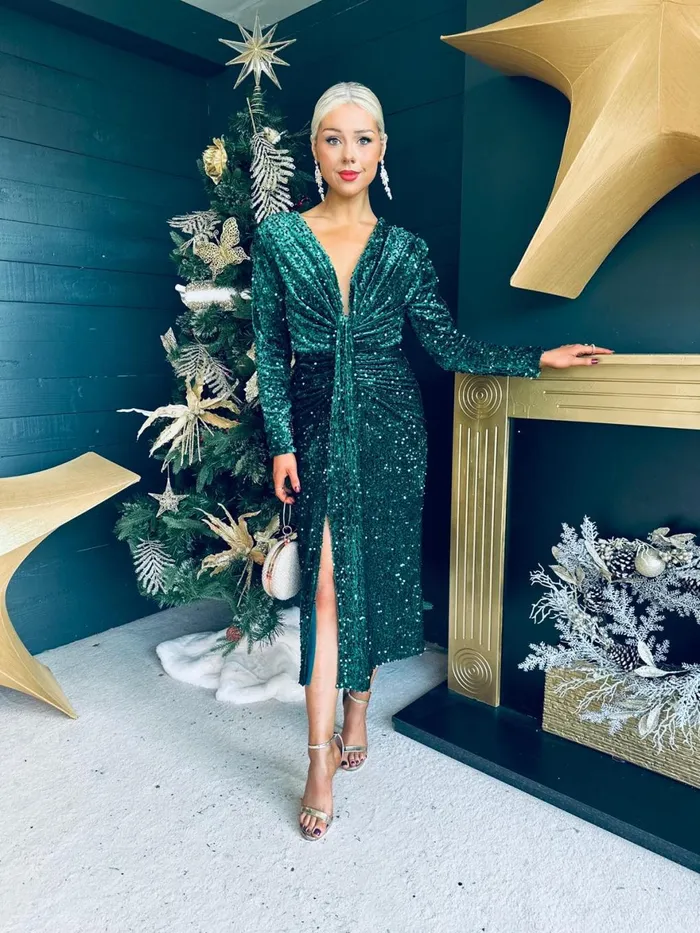 Women Day Dress Canella Lane Meghan Plunge Sequin Midi Dress Forest
