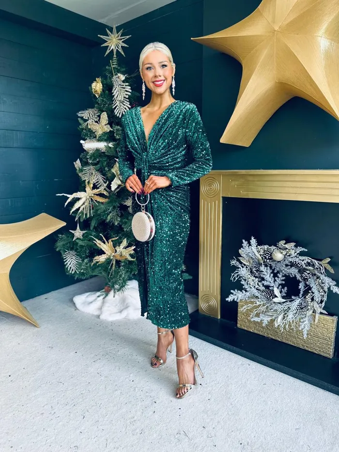 Women Day Dress Canella Lane Meghan Plunge Sequin Midi Dress Forest