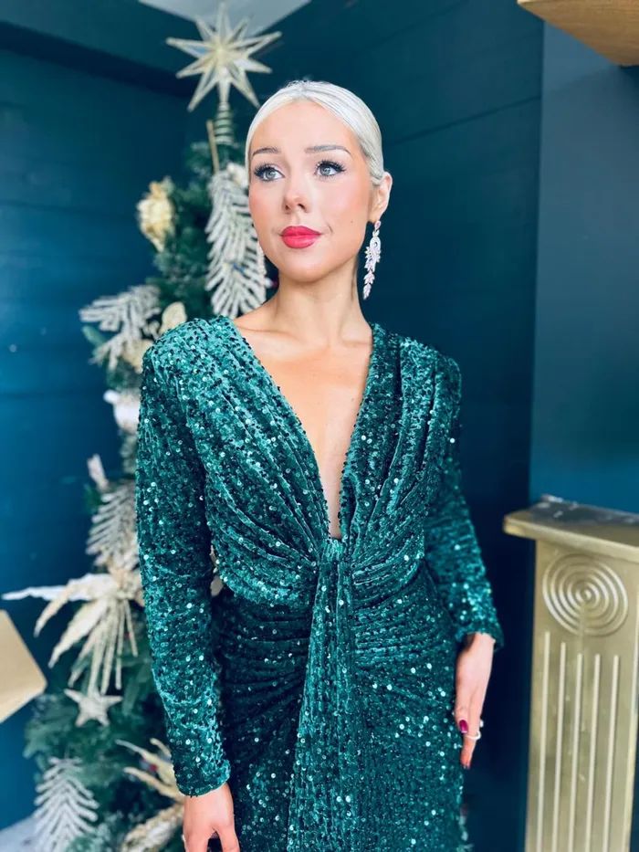 Women Day Dress Canella Lane Meghan Plunge Sequin Midi Dress Forest